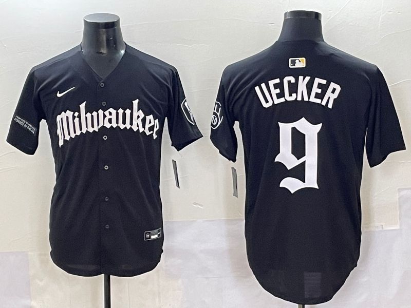 Men 2025 Milwaukee Brewers #9 Uecker Black Five generations Joint Name Nike MLB Jersey style 2